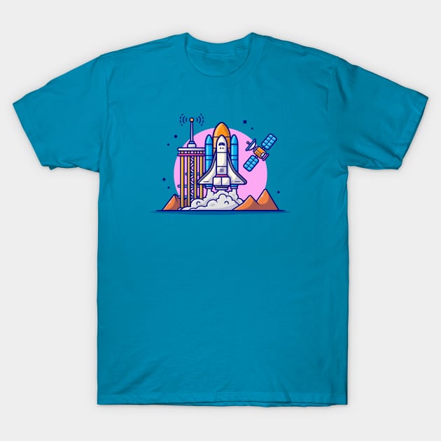 Space Shuttle Taking Off with Tower, Satellite and Mountain Cartoon Vector Icon Illustration T-Shirt by Catalyst Labs